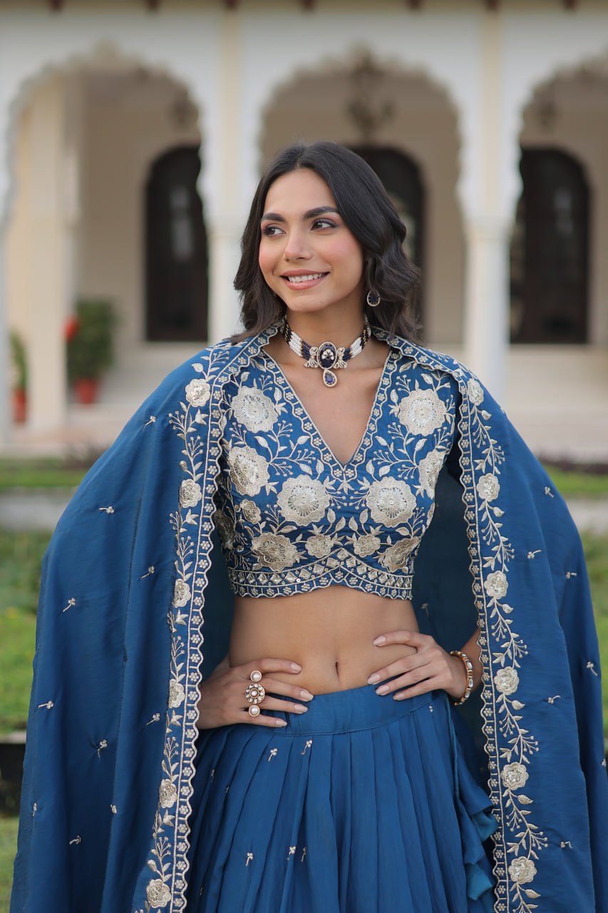 Blue Vichitra Silk Heavy Sequins & Thread Embroidered Lehenga Set with Unstitched Blouse & Designer Dupatta – Full-Stitched Lehenga