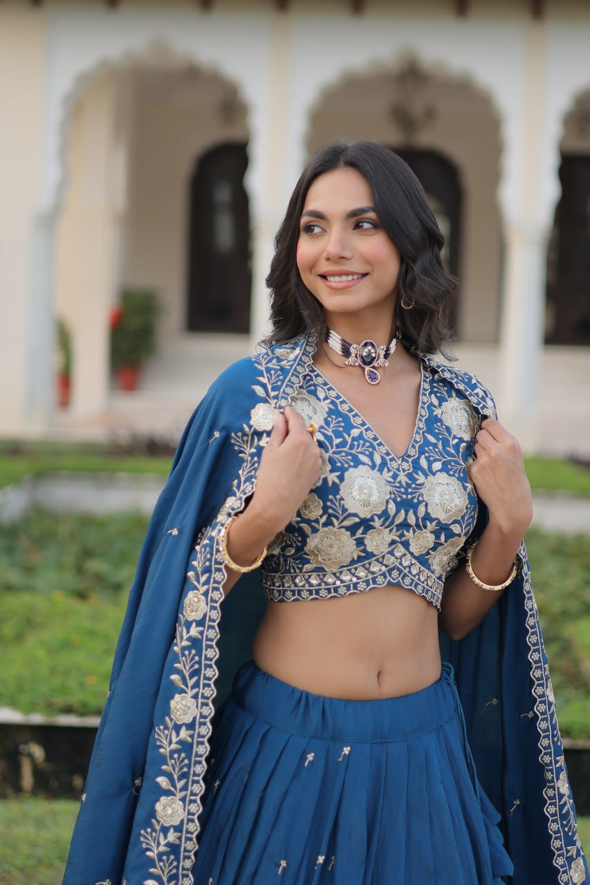 Blue Vichitra Silk Heavy Sequins & Thread Embroidered Lehenga Set with Unstitched Blouse & Designer Dupatta – Full-Stitched Lehenga