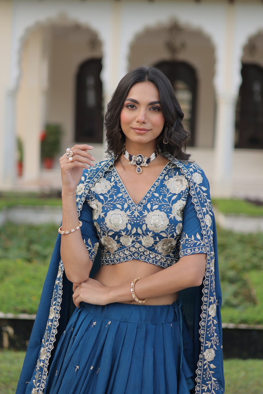 Blue Vichitra Silk Heavy Sequins & Thread Embroidered Lehenga Set with Unstitched Blouse & Designer Dupatta – Full-Stitched Lehenga