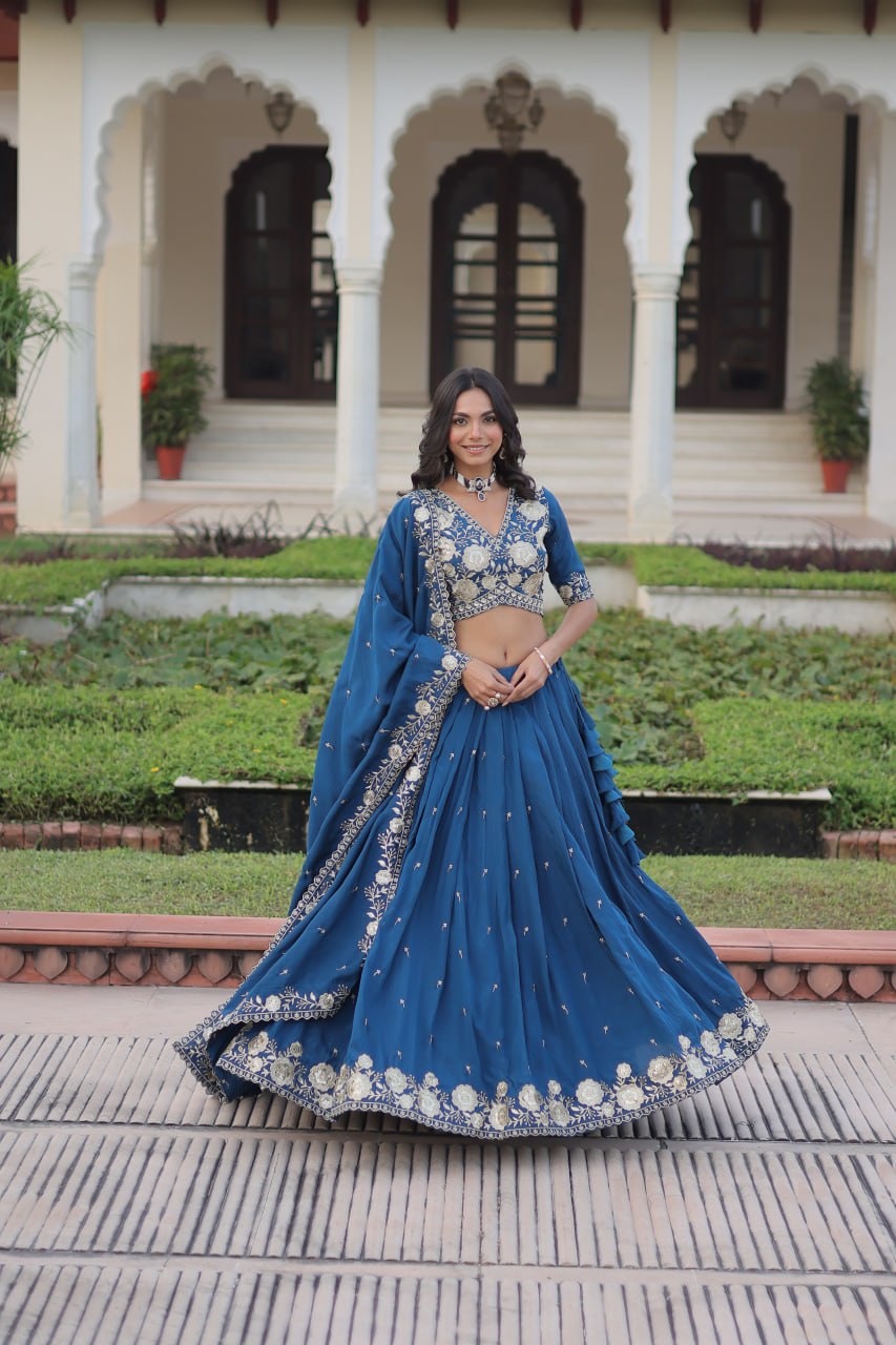 Blue Vichitra Silk Heavy Sequins & Thread Embroidered Lehenga Set with Unstitched Blouse & Designer Dupatta – Full-Stitched Lehenga