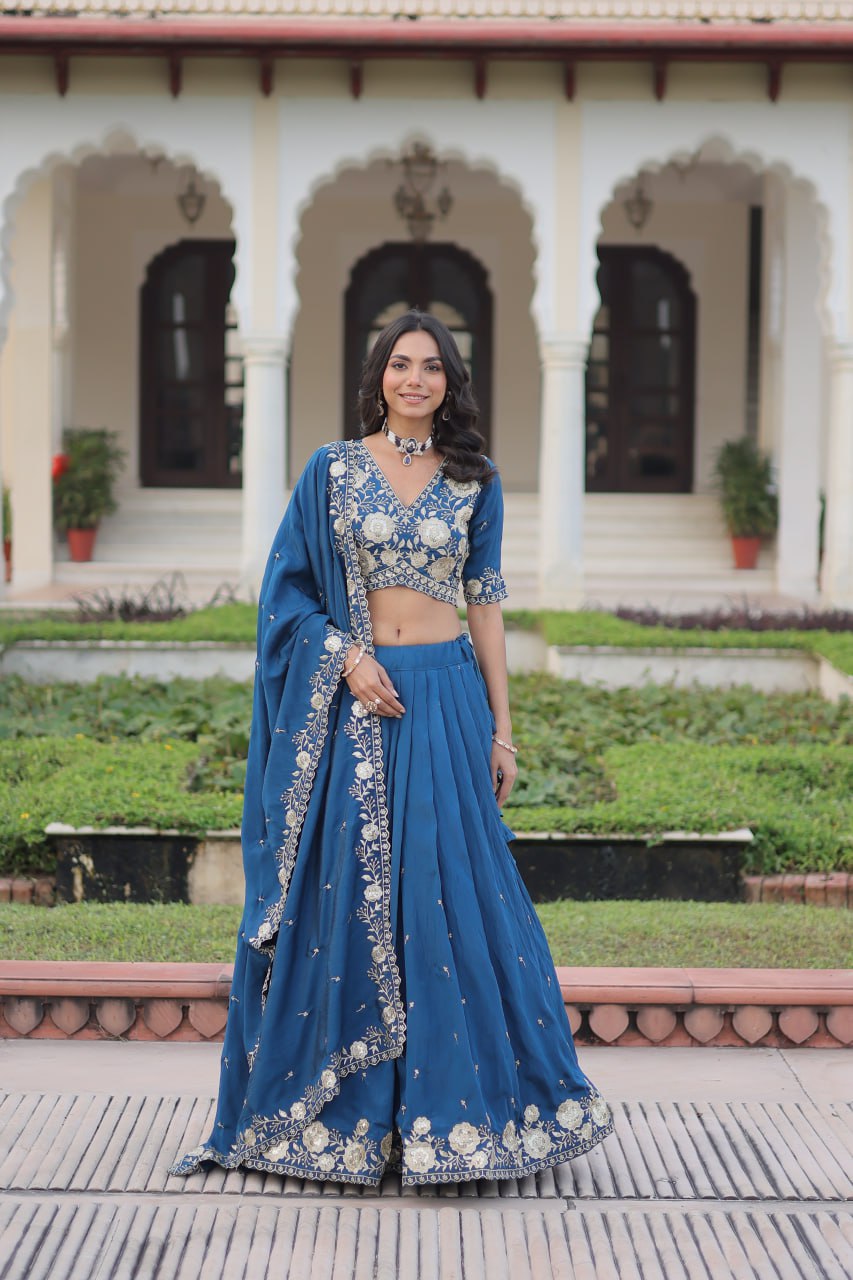 Blue Vichitra Silk Heavy Sequins & Thread Embroidered Lehenga Set with Unstitched Blouse & Designer Dupatta – Full-Stitched Lehenga