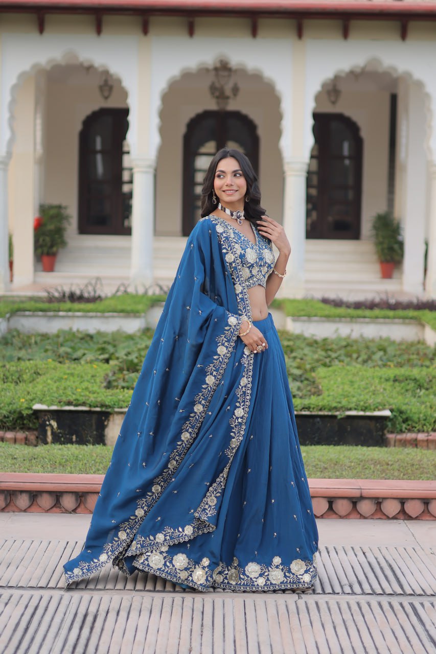Blue Vichitra Silk Heavy Sequins & Thread Embroidered Lehenga Set with Unstitched Blouse & Designer Dupatta – Full-Stitched Lehenga