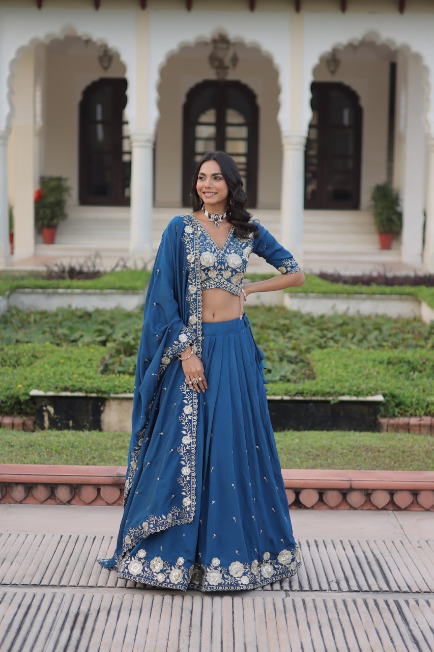 Blue Vichitra Silk Heavy Sequins & Thread Embroidered Lehenga Set with Unstitched Blouse & Designer Dupatta – Full-Stitched Lehenga