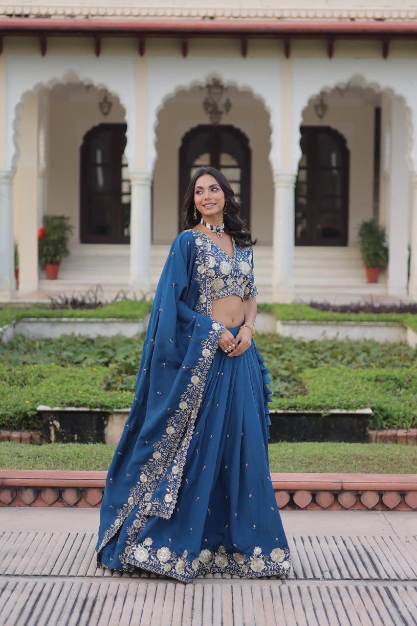 Blue Vichitra Silk Heavy Sequins & Thread Embroidered Lehenga Set with Unstitched Blouse & Designer Dupatta – Full-Stitched Lehenga