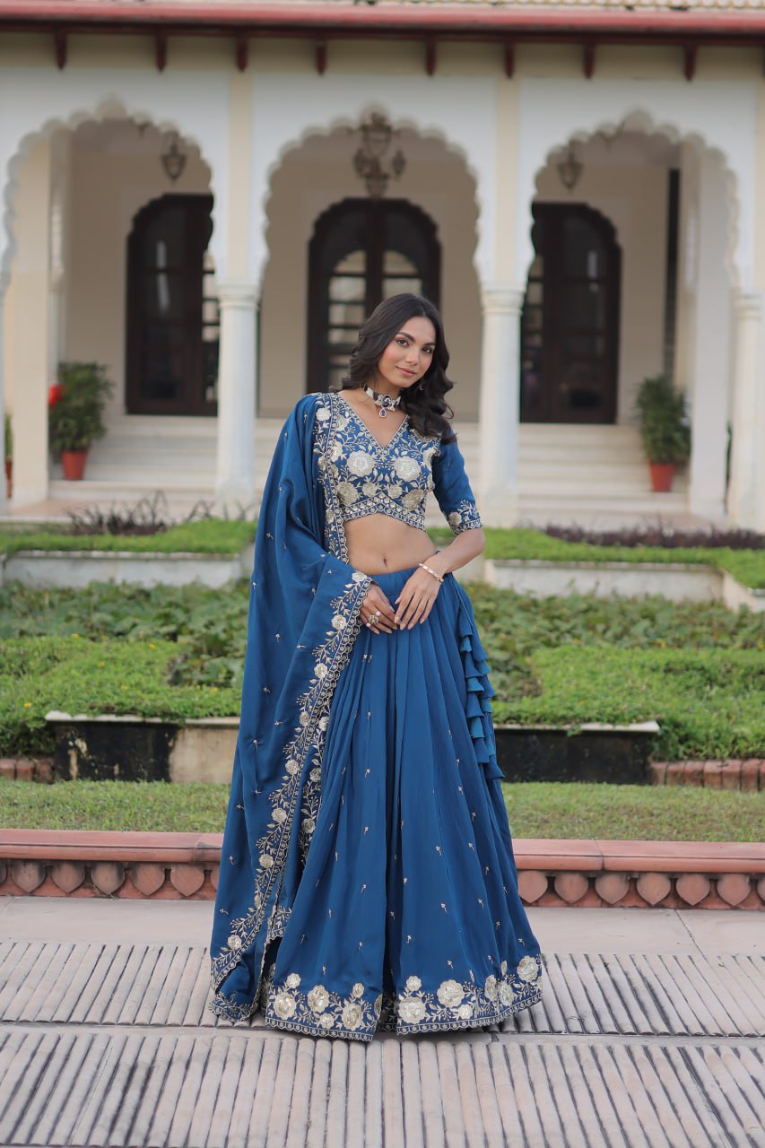 Blue Vichitra Silk Heavy Sequins & Thread Embroidered Lehenga Set with Unstitched Blouse & Designer Dupatta – Full-Stitched Lehenga