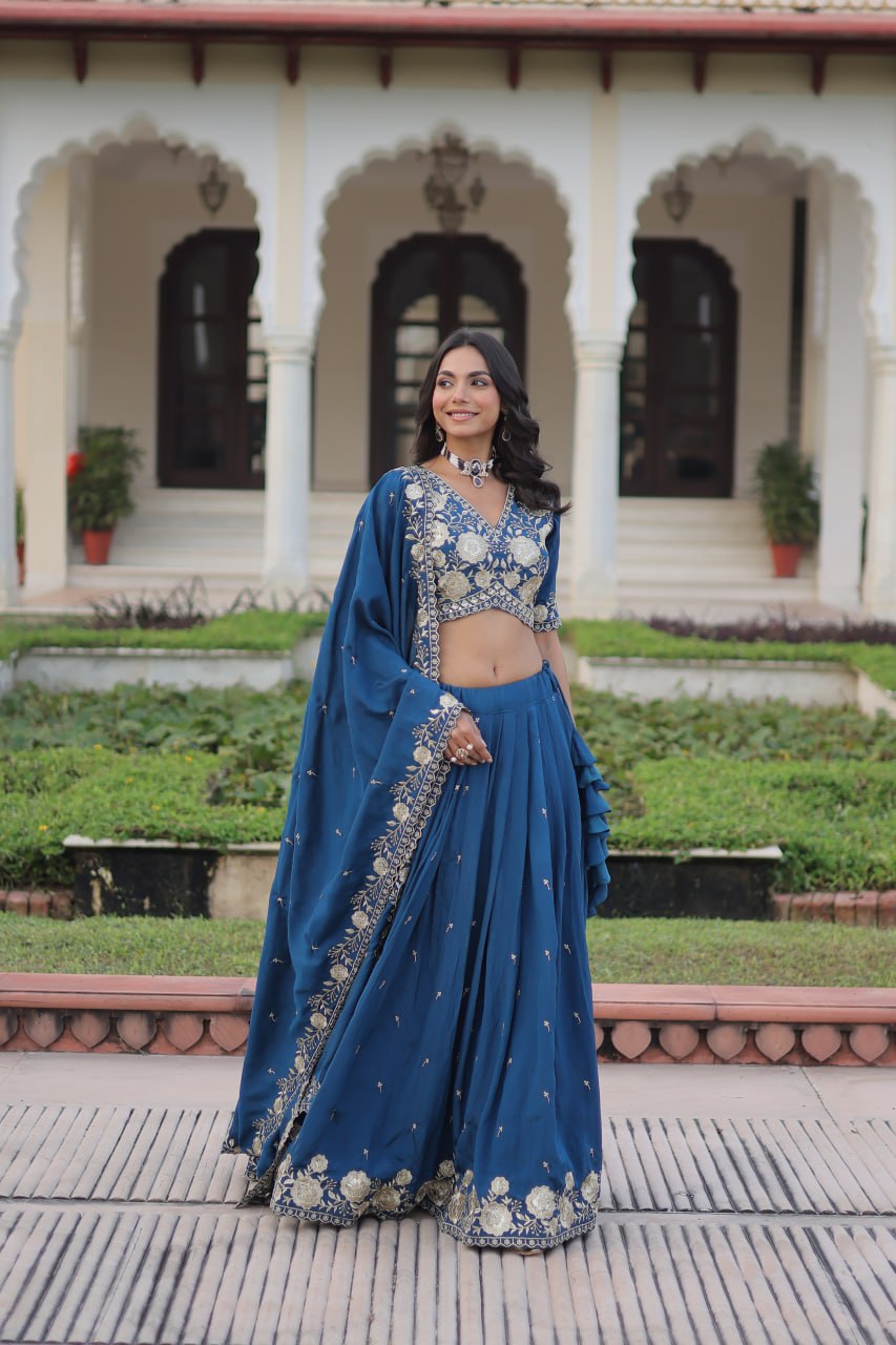 Blue Vichitra Silk Heavy Sequins & Thread Embroidered Lehenga Set with Unstitched Blouse & Designer Dupatta – Full-Stitched Lehenga