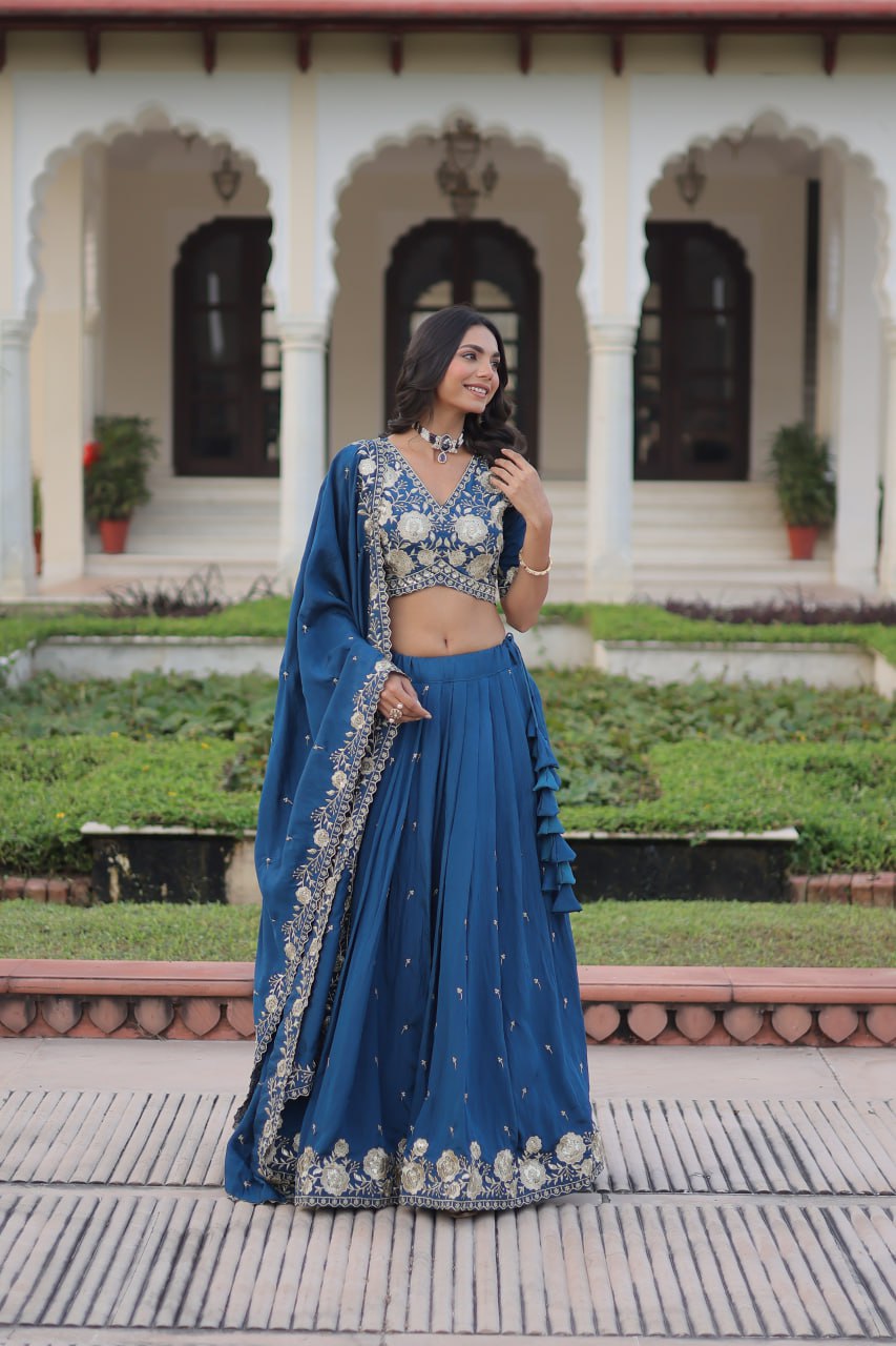 Blue Vichitra Silk Heavy Sequins & Thread Embroidered Lehenga Set with Unstitched Blouse & Designer Dupatta – Full-Stitched Lehenga