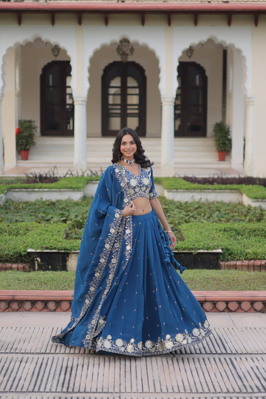 Blue Vichitra Silk Heavy Sequins & Thread Embroidered Lehenga Set with Unstitched Blouse & Designer Dupatta – Full-Stitched Lehenga