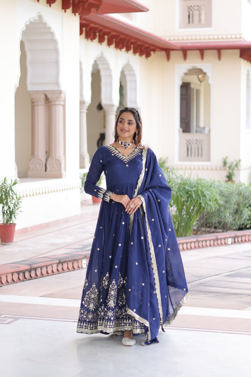 Blue Vichitra Silk Sequins Embroidered Anarkali Gown with Fancy V-Neck & Designer Dupatta – Fully Stitched Party & Festive Wear