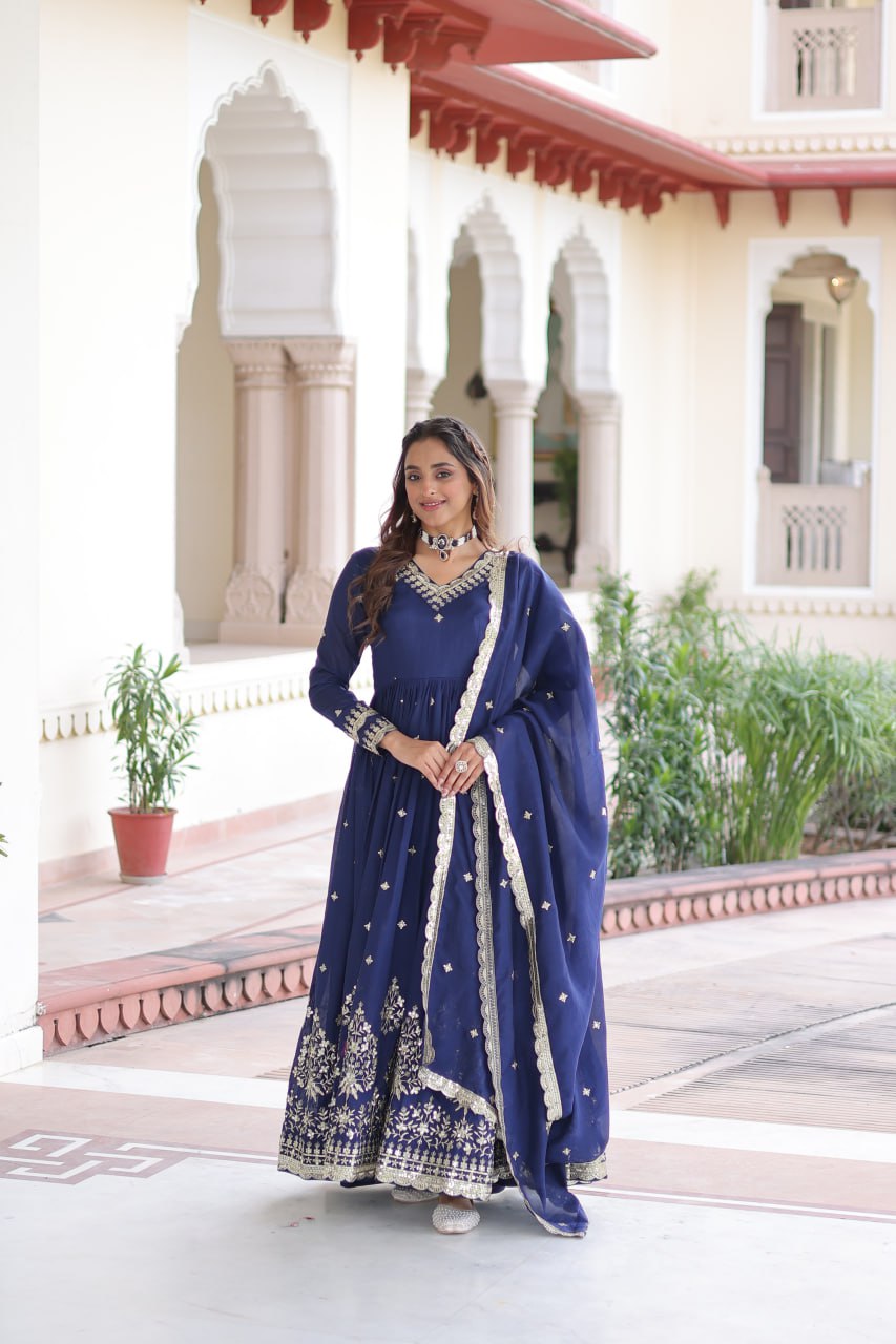 Blue Vichitra Silk Sequins Embroidered Anarkali Gown with Fancy V-Neck & Designer Dupatta – Fully Stitched Party & Festive Wear