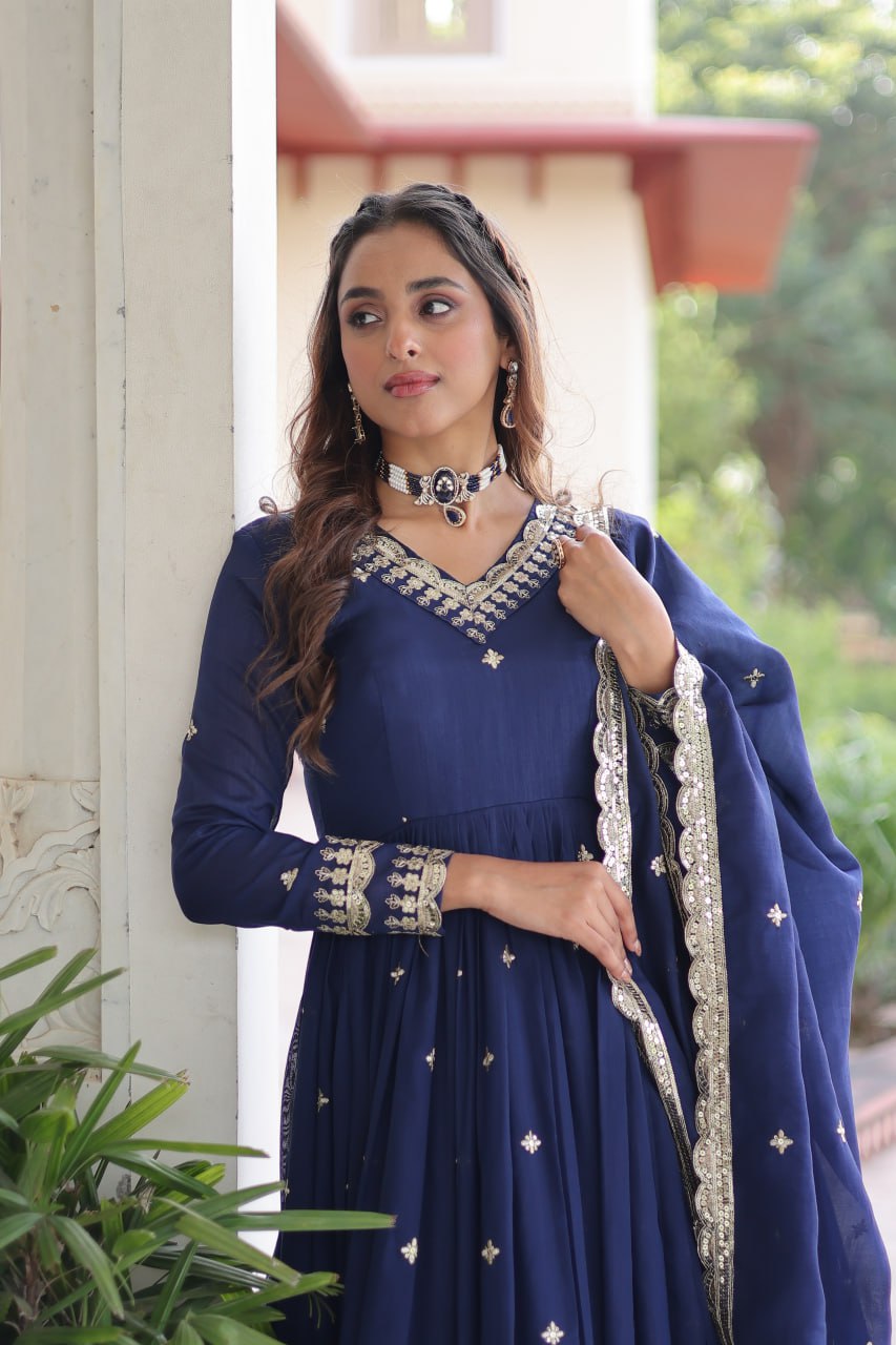 Blue Vichitra Silk Sequins Embroidered Anarkali Gown with Fancy V-Neck & Designer Dupatta – Fully Stitched Party & Festive Wear