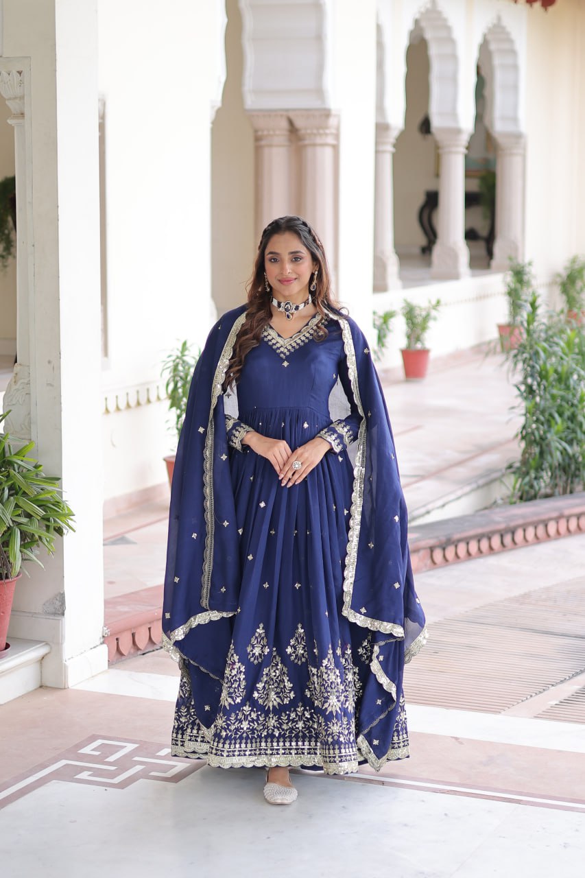Blue Vichitra Silk Sequins Embroidered Anarkali Gown with Fancy V-Neck & Designer Dupatta – Fully Stitched Party & Festive Wear