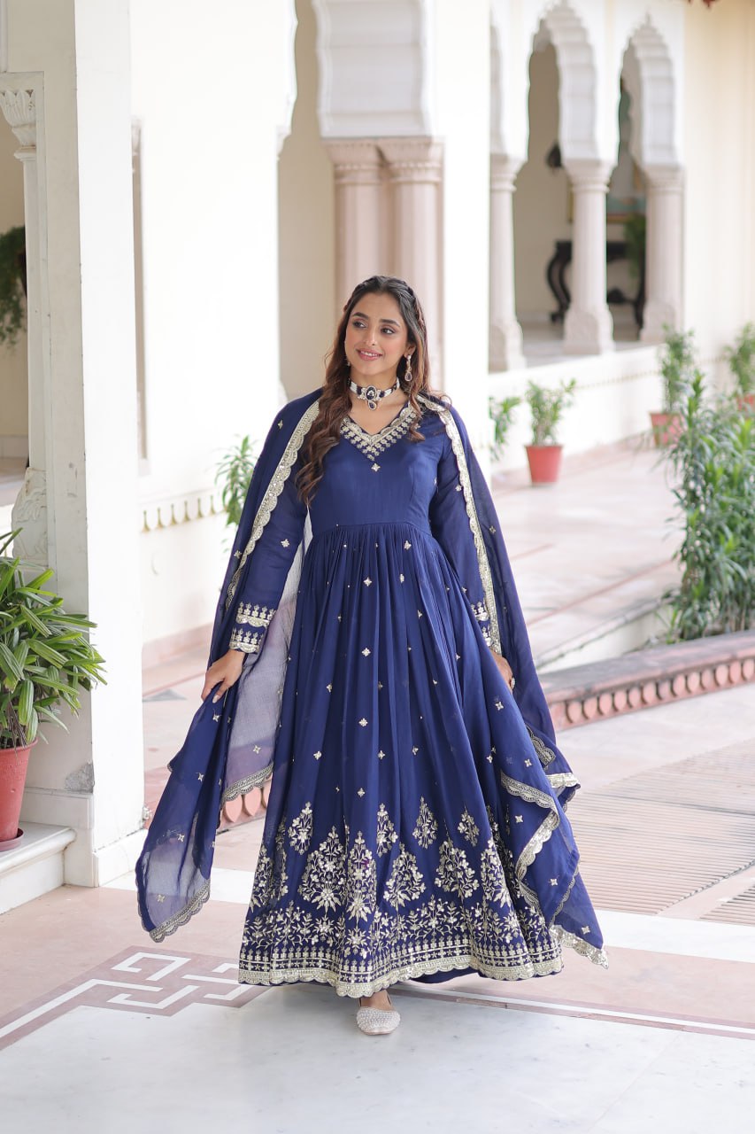 Blue Vichitra Silk Sequins Embroidered Anarkali Gown with Fancy V-Neck & Designer Dupatta – Fully Stitched Party & Festive Wear