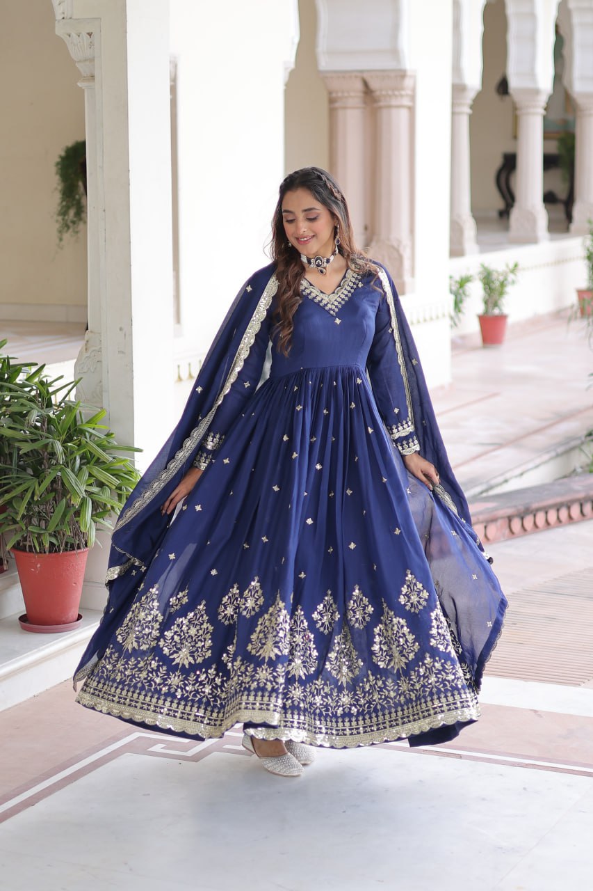 Blue Vichitra Silk Sequins Embroidered Anarkali Gown with Fancy V-Neck & Designer Dupatta – Fully Stitched Party & Festive Wear