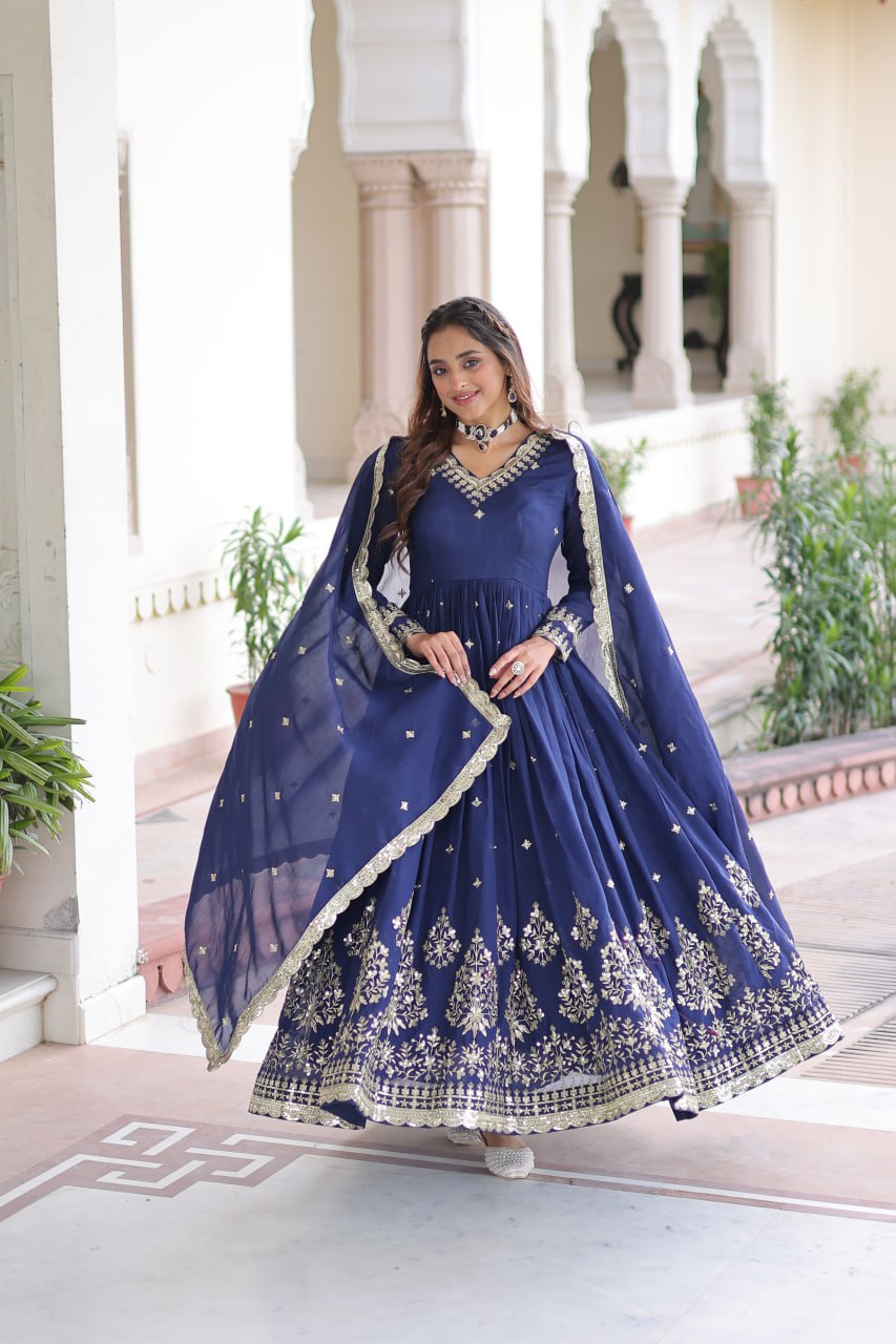 Blue Vichitra Silk Sequins Embroidered Anarkali Gown with Fancy V-Neck & Designer Dupatta – Fully Stitched Party & Festive Wear