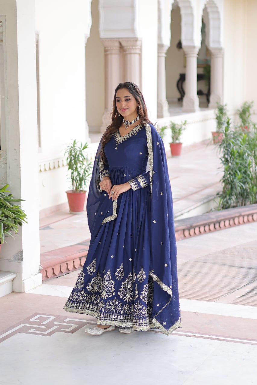Blue Vichitra Silk Sequins Embroidered Anarkali Gown with Fancy V-Neck & Designer Dupatta – Fully Stitched Party & Festive Wear