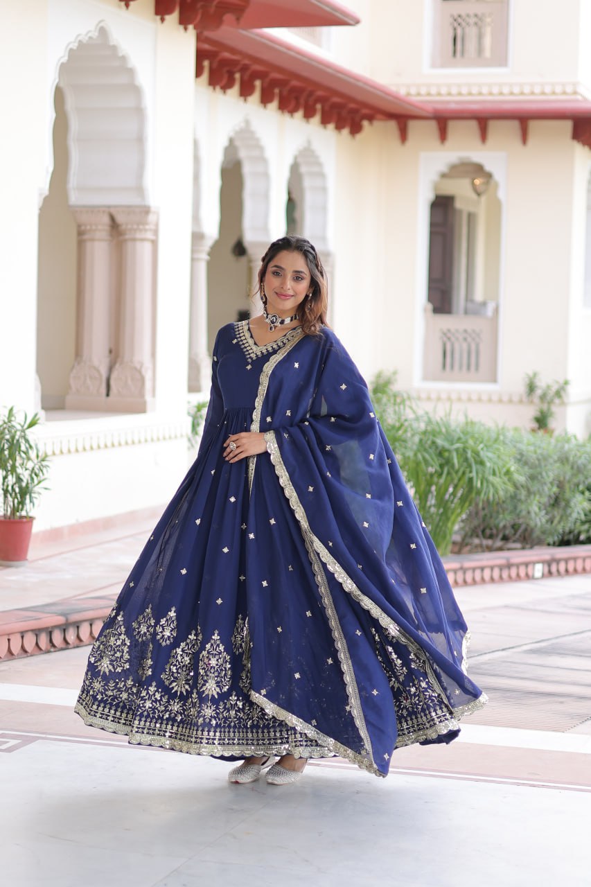 Blue Vichitra Silk Sequins Embroidered Anarkali Gown with Fancy V-Neck & Designer Dupatta – Fully Stitched Party & Festive Wear