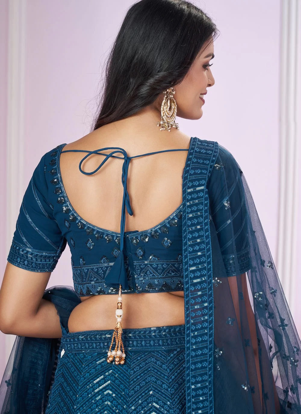 Stylish blue georgette side slit lehenga with sequins embroidery net dupatta