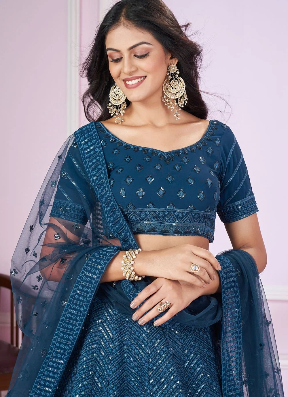 Stylish blue georgette side slit lehenga with sequins embroidery net dupatta