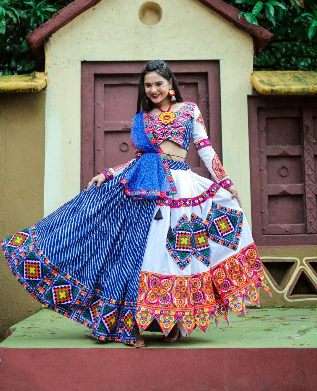 Blue White Digital Printed Kutchi Mirror Worked Navratri Lehenga Choli