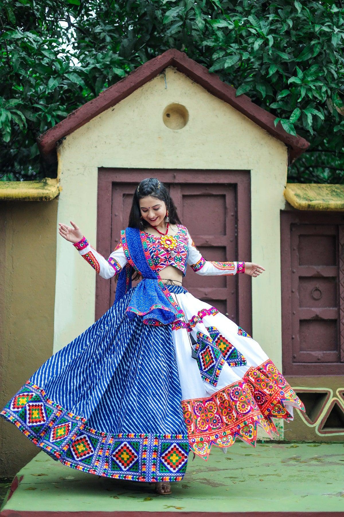 Blue White Digital Printed Kutchi Mirror Worked Navratri Lehenga Choli