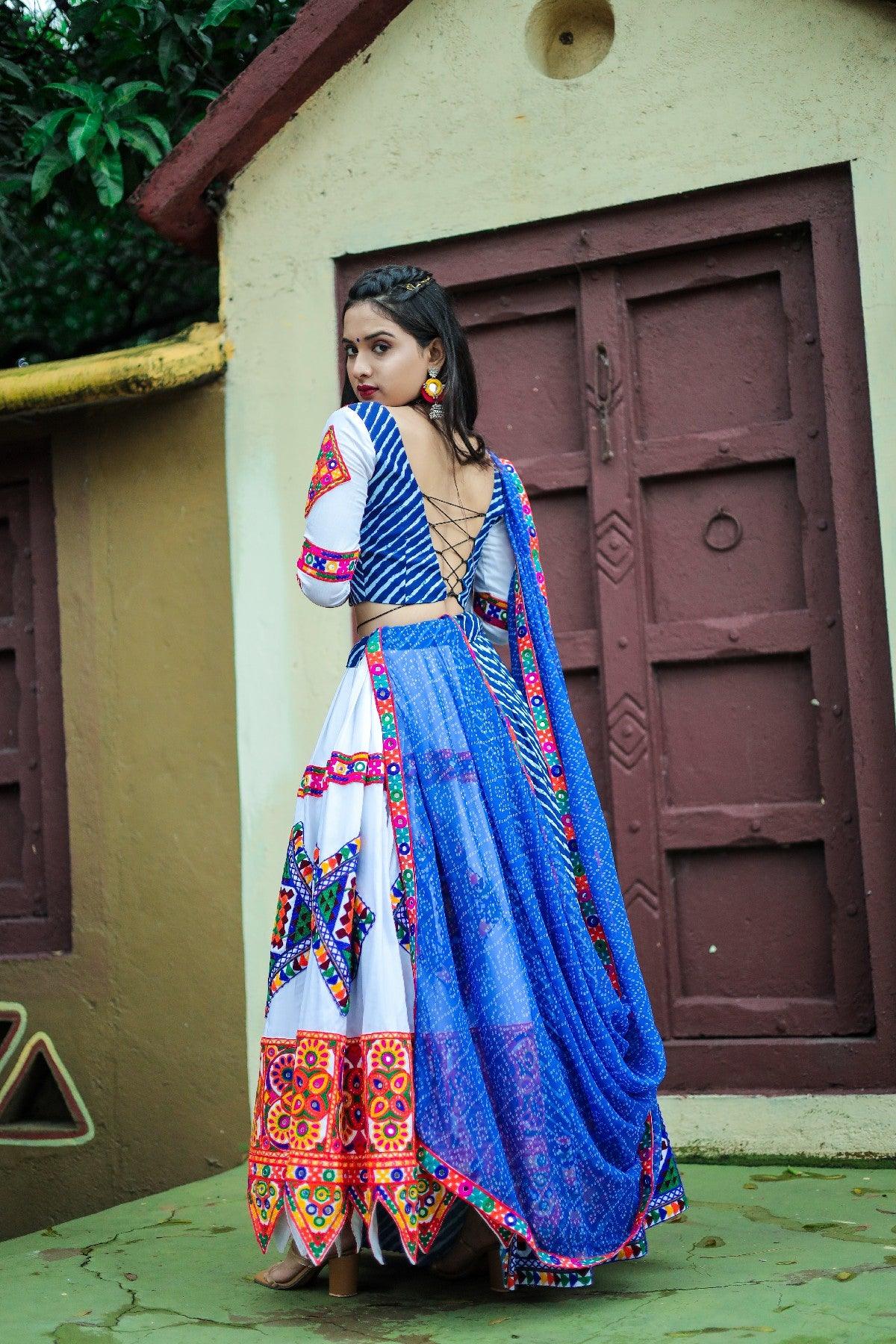 Blue White Digital Printed Kutchi Mirror Worked Navratri Lehenga Choli