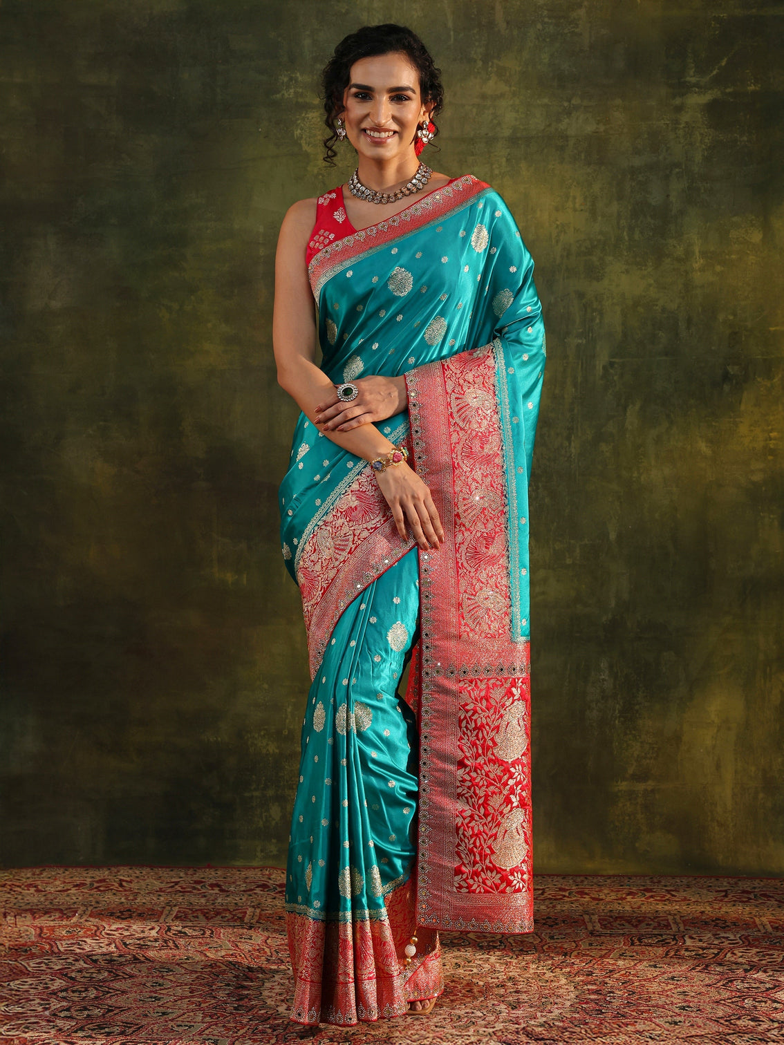 Mameraa Blue Woven Design Satin Banarasi Saree With Unstitched Blouse Piece
