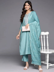 Mameraa Blue Yoke Design Straight Suit With Dupatta - Mameraa