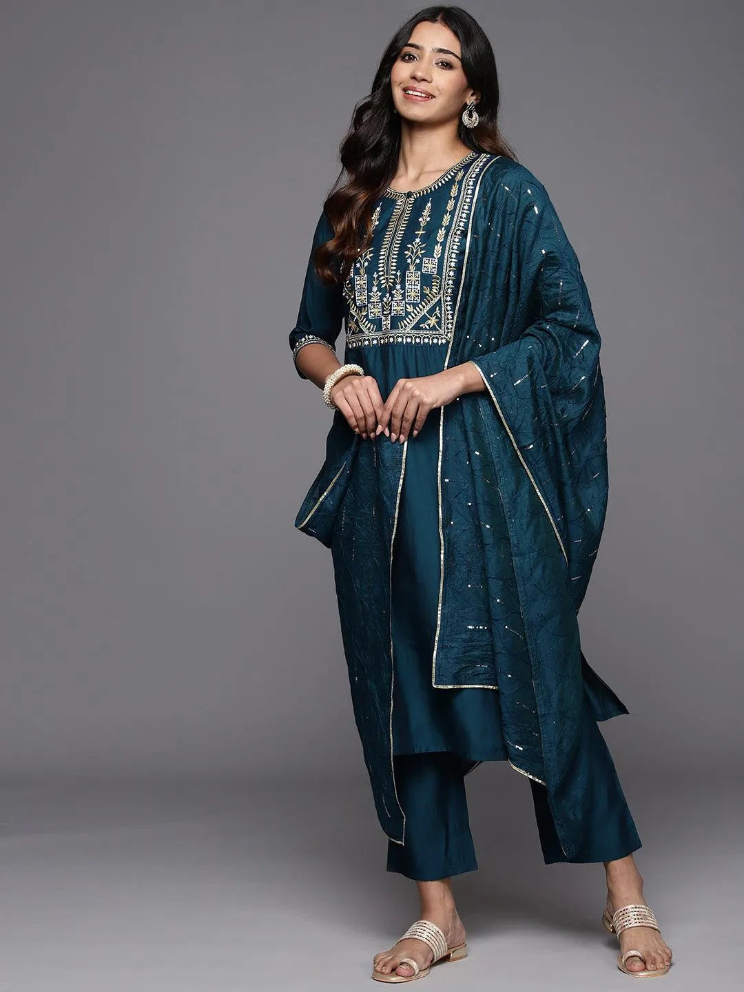 Mameraa Blue Yoke Design Straight Suit With Dupatta