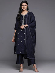 Mameraa Blue Yoke Design Straight Suit With Dupatta