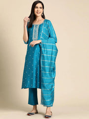 Mameraa Blue Yoke Design Straight Suit With Dupatta - Mameraa