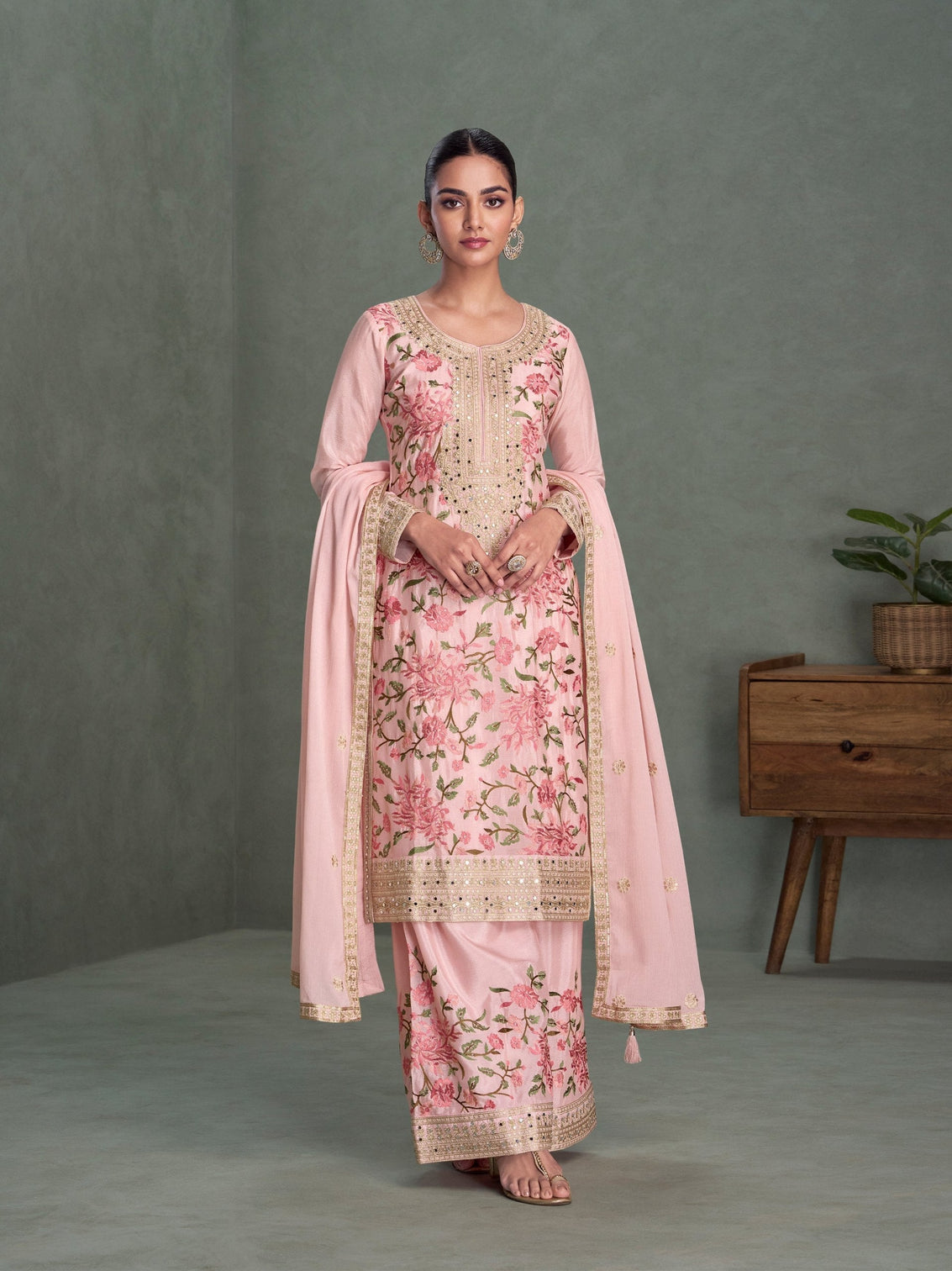Blush Pink Embroidered Palazzo Set