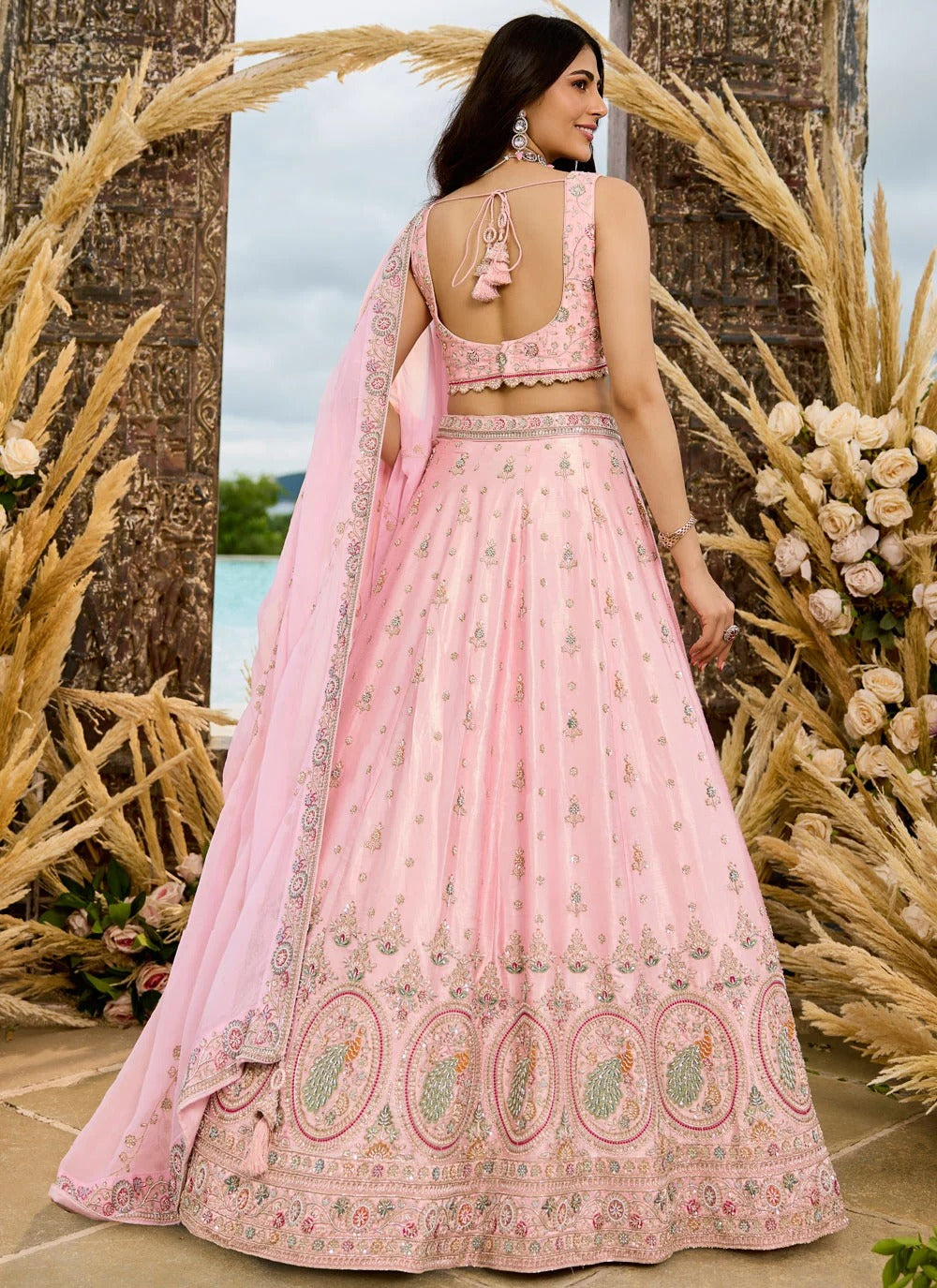 Blush pink silk reception lehenga with sequins coding embroidery