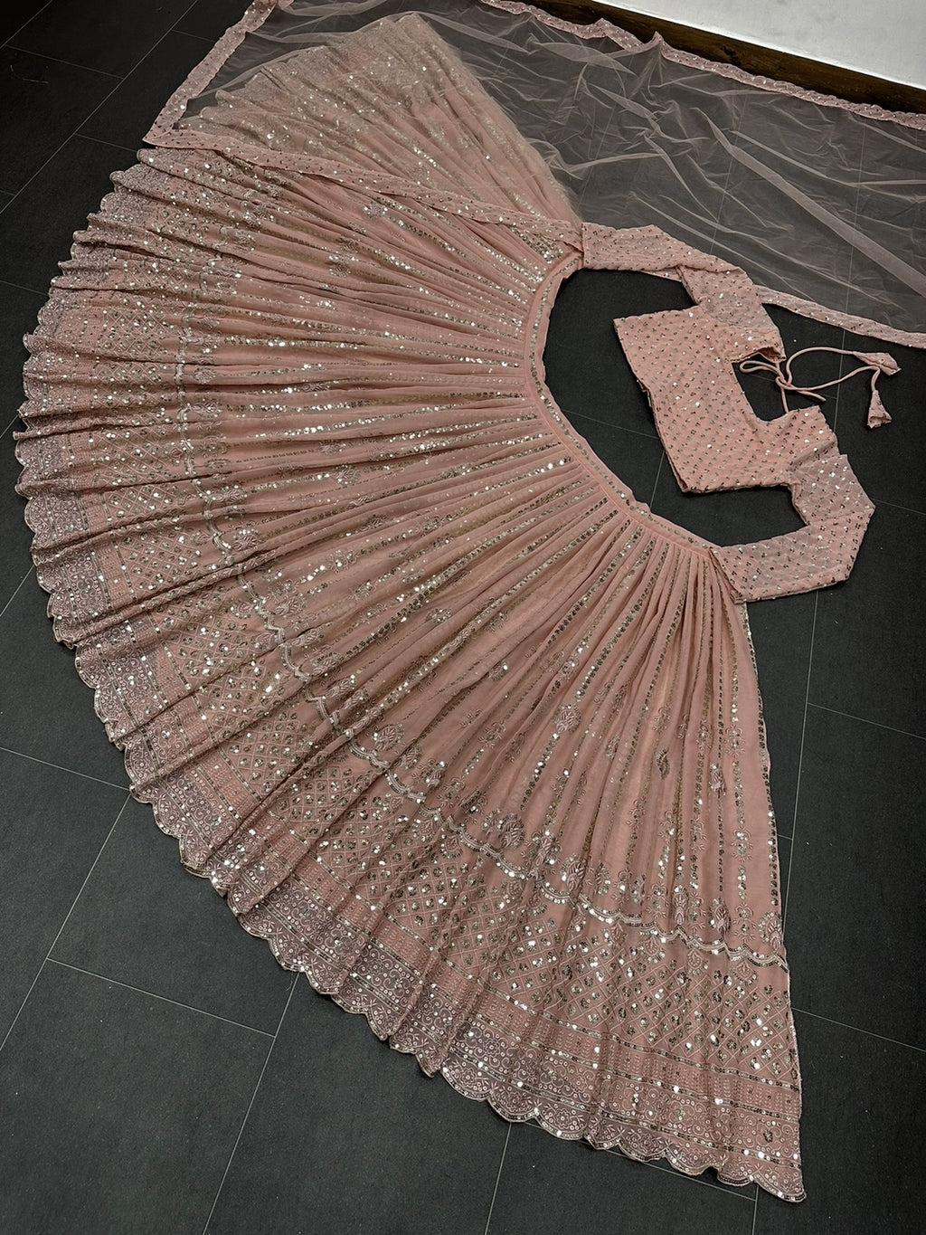 Blushing Elegance Peach Georgette Designer Lehenga with Sparkly Sequence Work