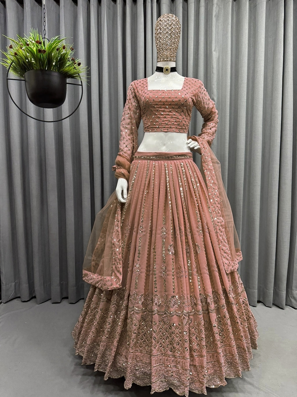 Blushing Elegance Peach Georgette Designer Lehenga with Sparkly Sequence Work