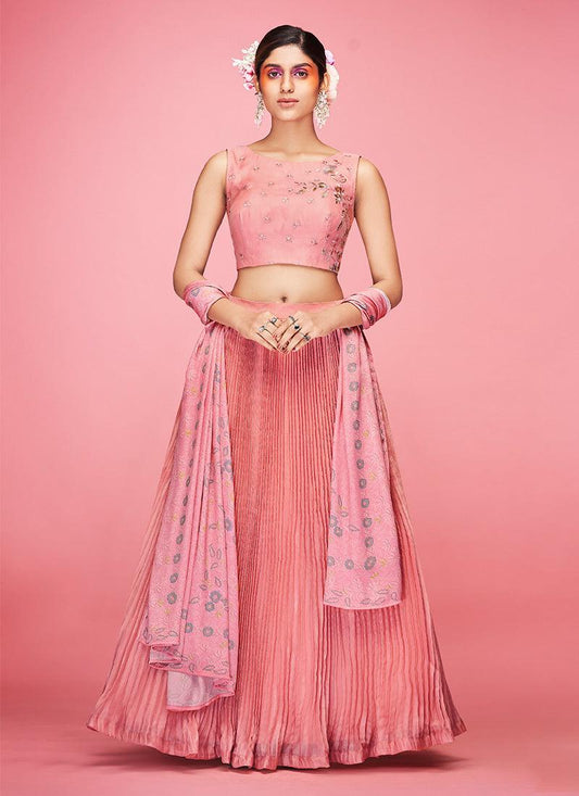 Boat Neck Peach Crushed Lehenga Choli