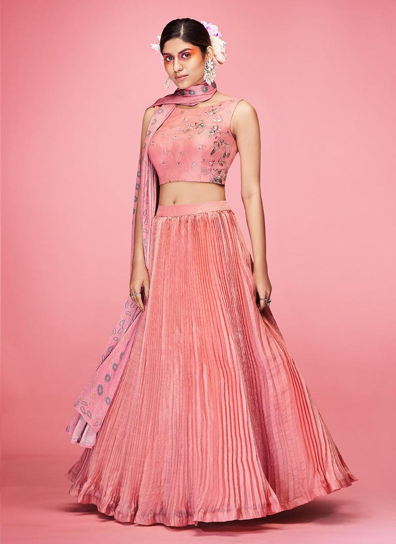 Boat Neck Peach Crushed Lehenga Choli