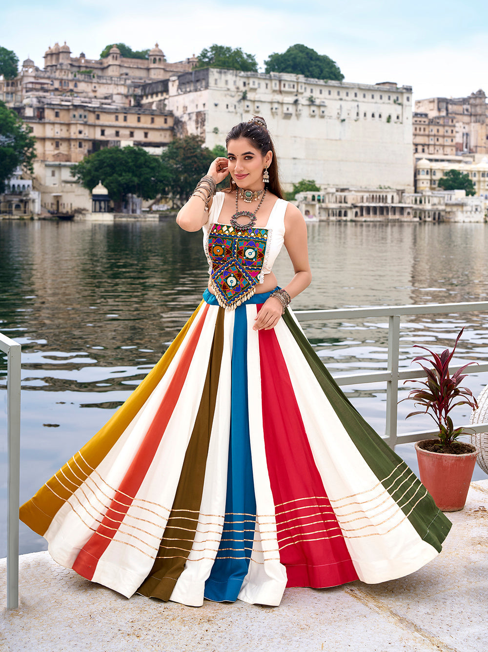 Multicolor rayon garba lehenga choli with gota patti gamthi mirror work