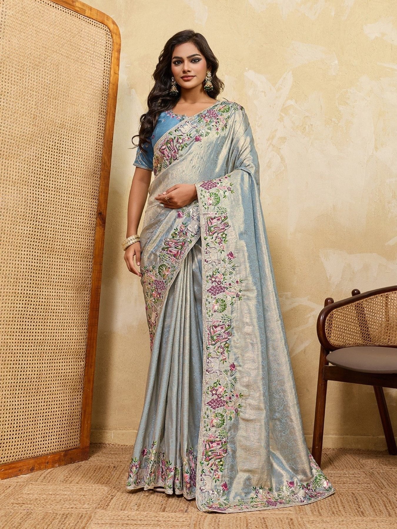 Blue Soft Silk Saree with Heavy Embroidered Blouse for Bridal Functions