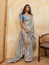 Blue Soft Silk Saree with Heavy Embroidered Blouse for Bridal Functions