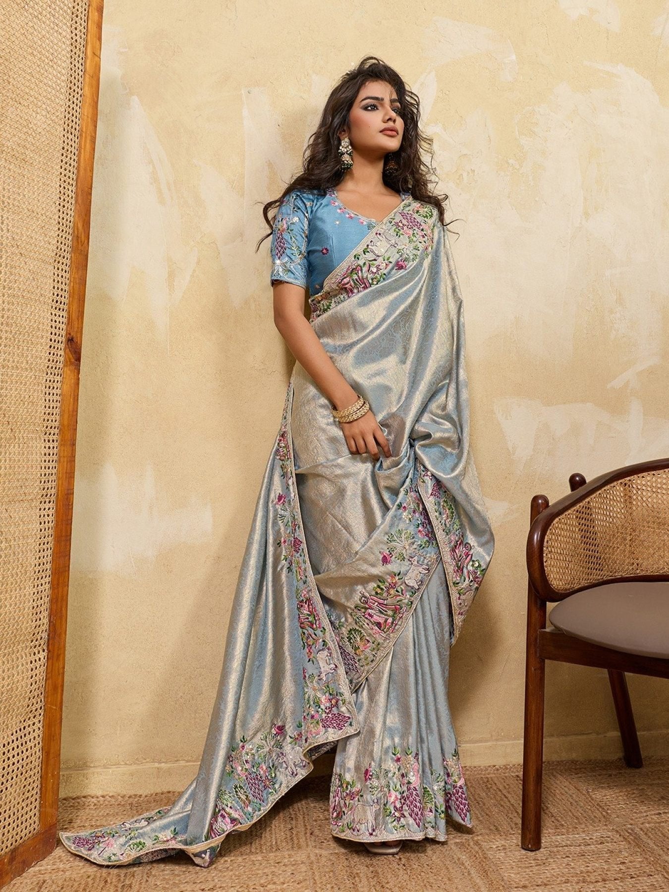 Blue Soft Silk Saree with Heavy Embroidered Blouse for Bridal Functions