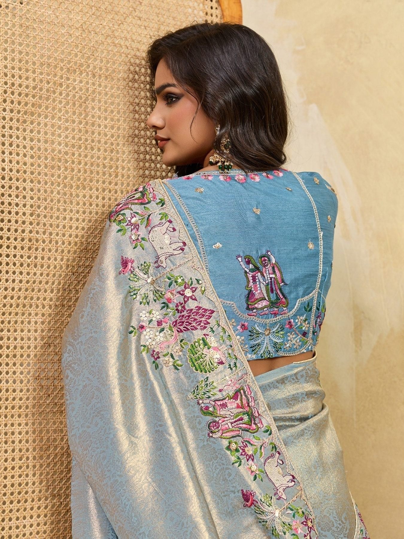 Blue Soft Silk Saree with Heavy Embroidered Blouse for Bridal Functions