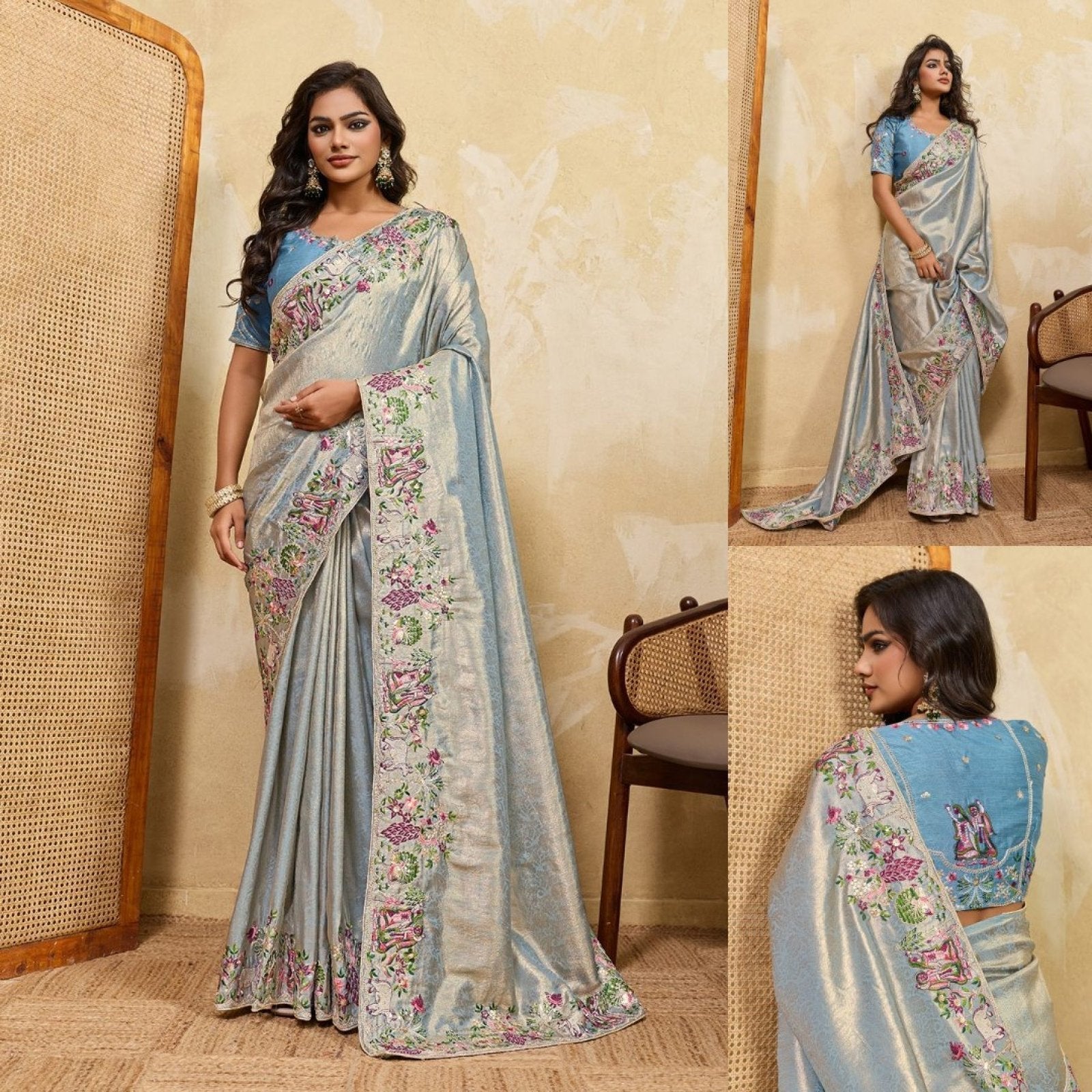 Blue Soft Silk Saree with Heavy Embroidered Blouse for Bridal Functions