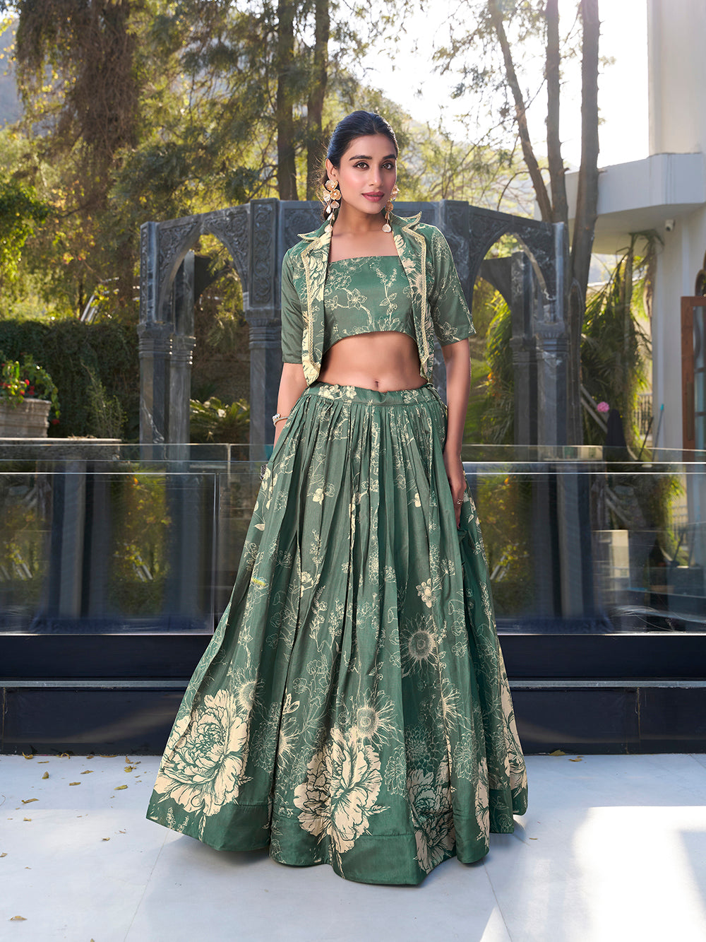 Bottle green tussar silk floral print crop top lehenga choli