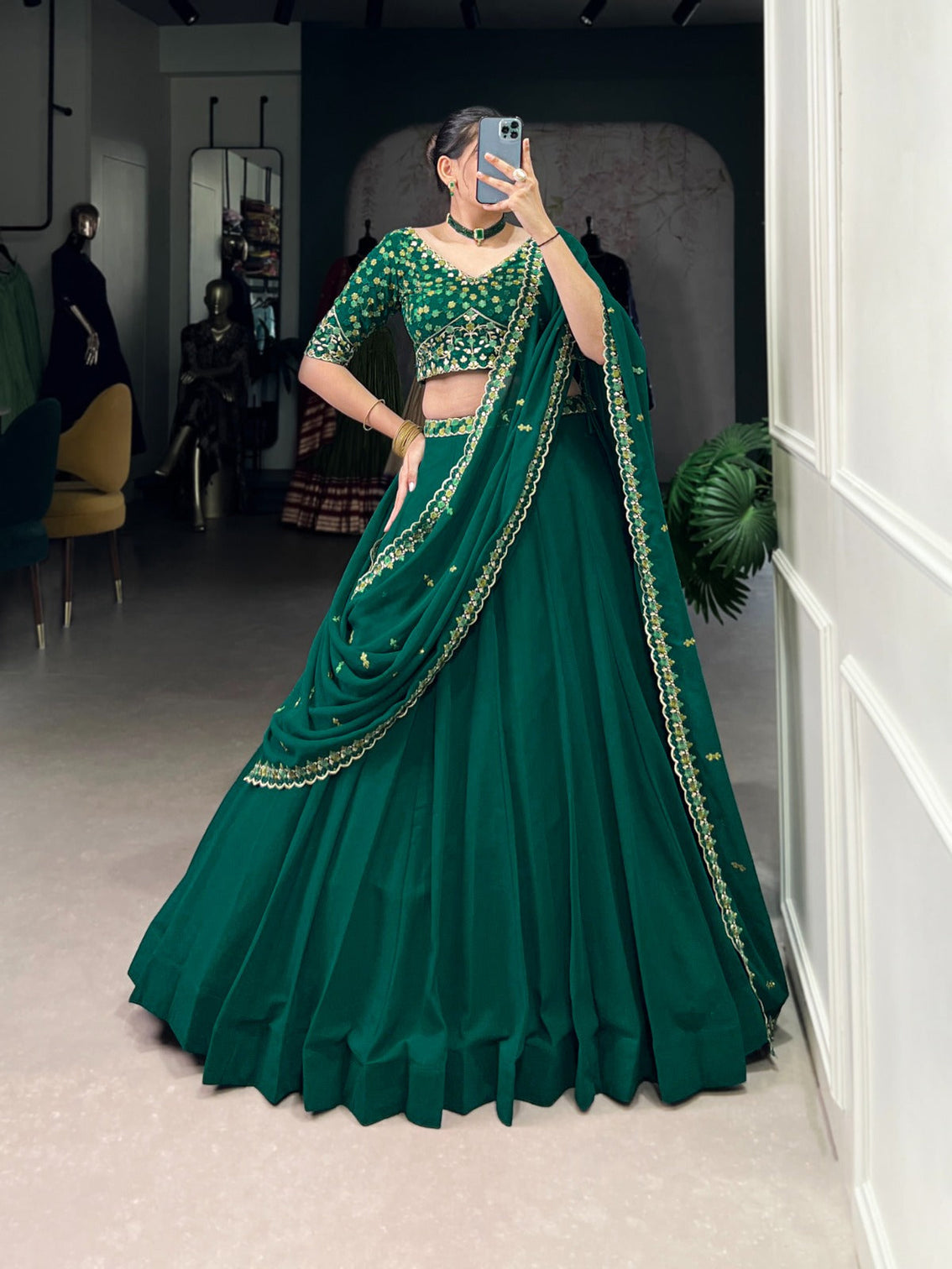 Bottel Green Elegant Georgette Embroidered Lehenga Set with Dupatta & Unstitched Blouse