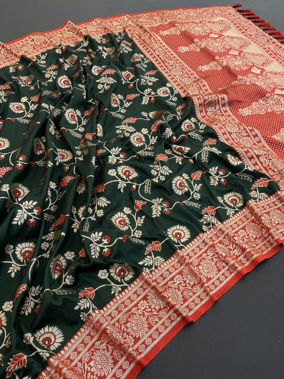 Elegant bottle green banarasi soft silk saree with rose gold zari