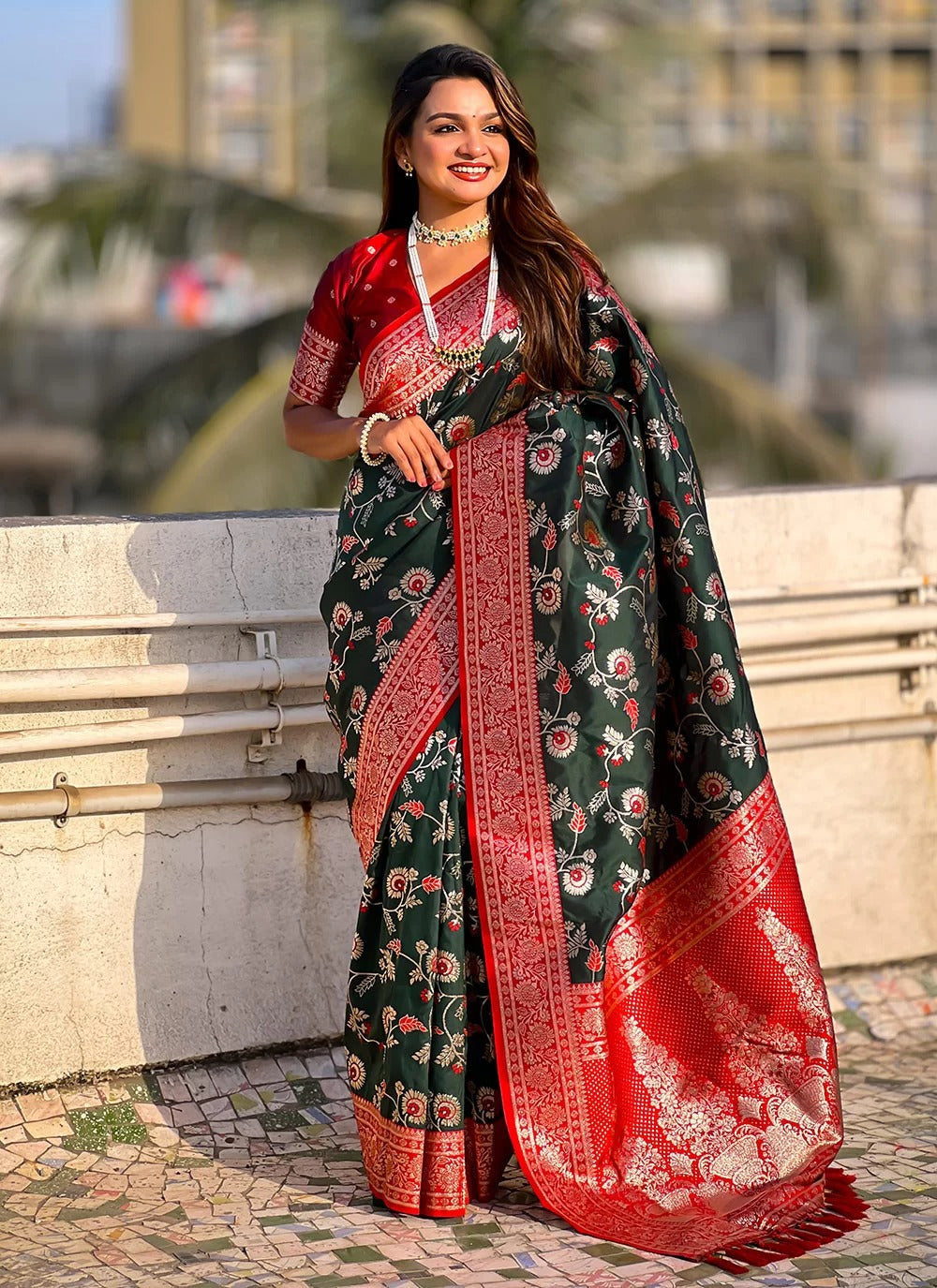 Elegant bottle green banarasi soft silk saree with rose gold zari
