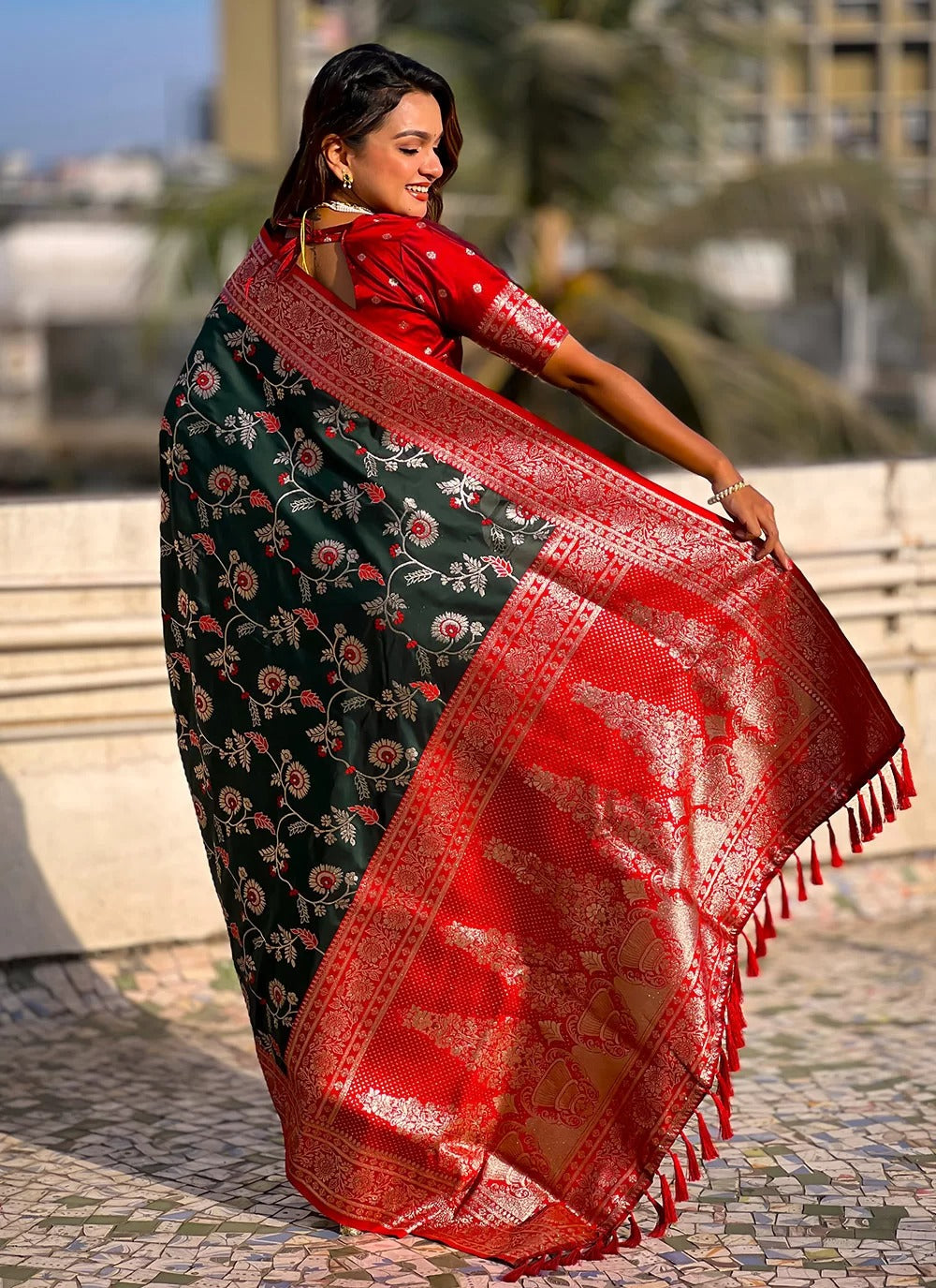 Elegant bottle green banarasi soft silk saree with rose gold zari