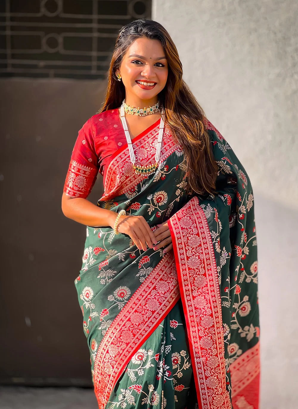 Elegant bottle green banarasi soft silk saree with rose gold zari