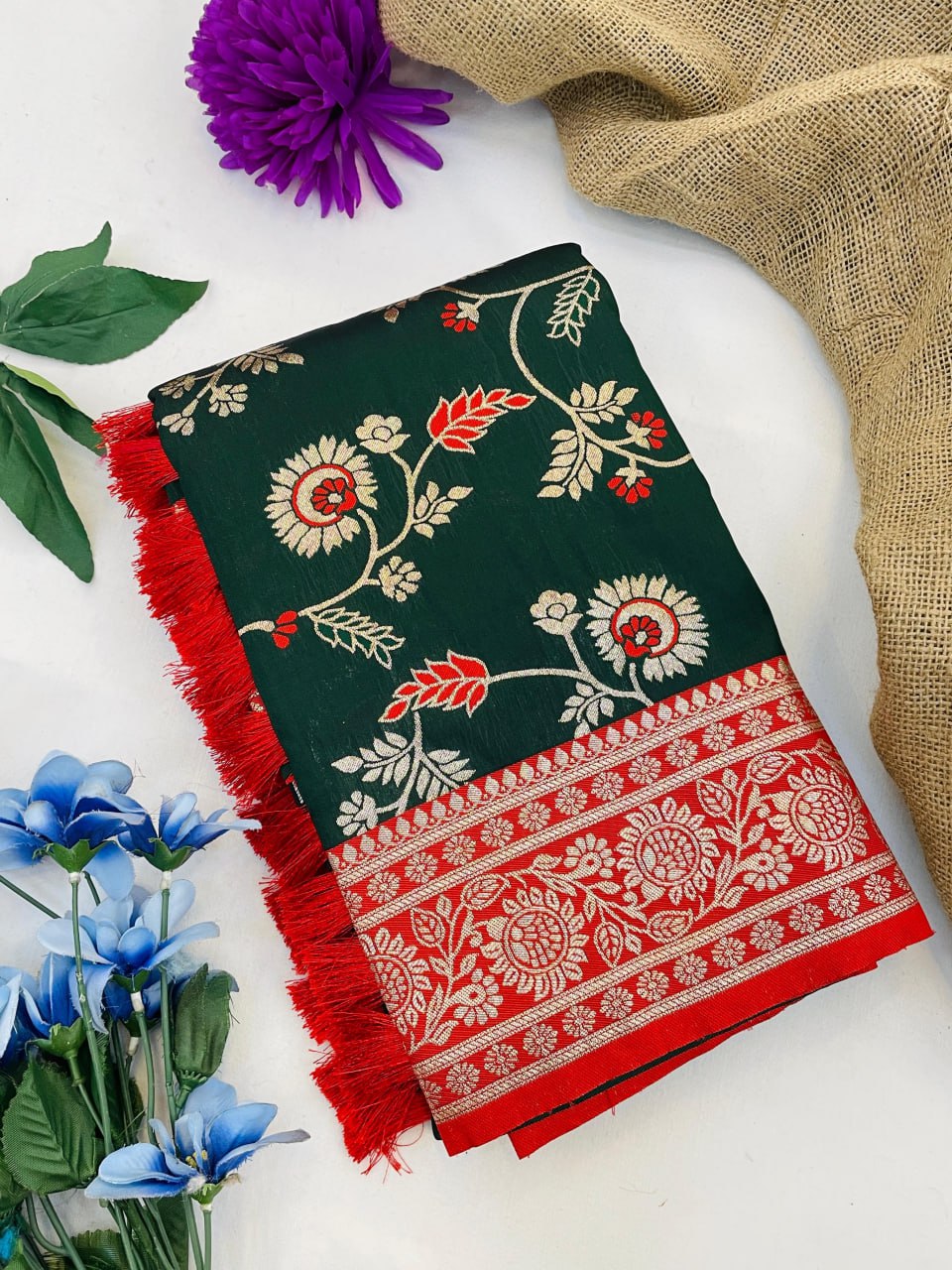 Elegant bottle green banarasi soft silk saree with rose gold zari